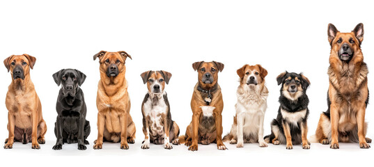 Sitting dogs in row isolated on white background