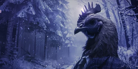 Fotobehang A Silkie chicken in a suit braves a snowy forest at night mystery in its eyes © Roni