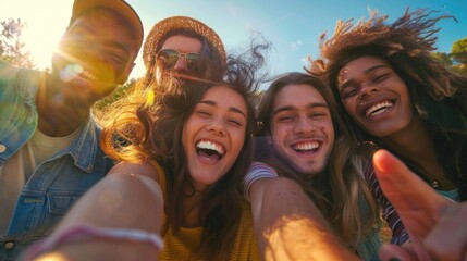 Sunset Laughter with Friends: A Joyful Beach Selfie Moment - Generative AI