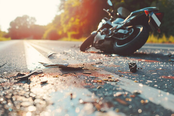Crash on the road. Close up of a motorcycle accident on the road	 - obrazy, fototapety, plakaty