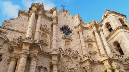 Zelfklevend Fotobehang Havana Cathedral or Saint Christopher Cathedral in Old Havana, Cuba. Havana Cathedral built in the Cuban Baroque style. Front facade of Havana Cathedral. Tourism on the island of Cuba. Bottom view © Sid10