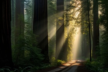 Radiant Redwood forest sunrays. Bark natural. Generate Ai