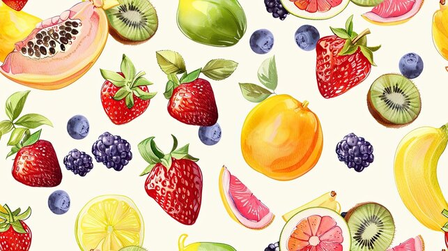 an assortment of beautiful fruits, arranged in a visually pleasing and realistic manner, ideal for textile or wallpaper designs. SEAMLESS PATTERN