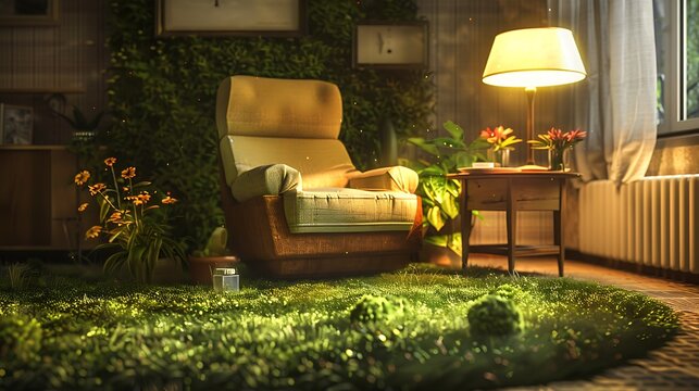 In the cozy living room, a lush green carpet sprawled beneath a matching chair. A table, adorned with a lamp, stood nearby, offering a soft illumination.  attractive look