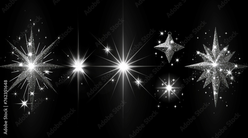 Poster Concept modern set with glow light effect stars bursting with sparkles on black background. For illustration template art design, banner for Christmas celebrate, magic flash energy rays.....