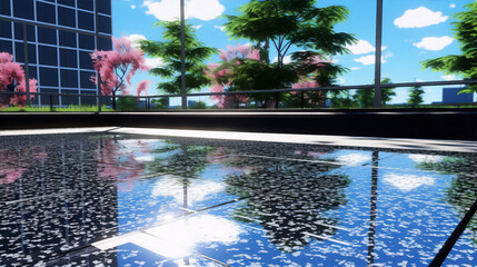 3D rendering of a modern city with skyscrapers and cherry blossom trees with pink flowers - obrazy, fototapety, plakaty