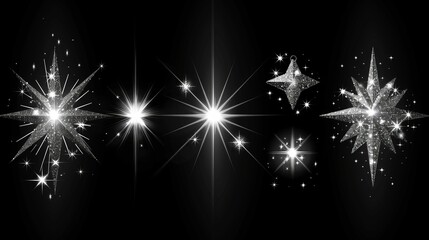 Concept modern set with glow light effect stars bursting with sparkles on black background. For illustration template art design, banner for Christmas celebrate, magic flash energy rays..... - obrazy, fototapety, plakaty
