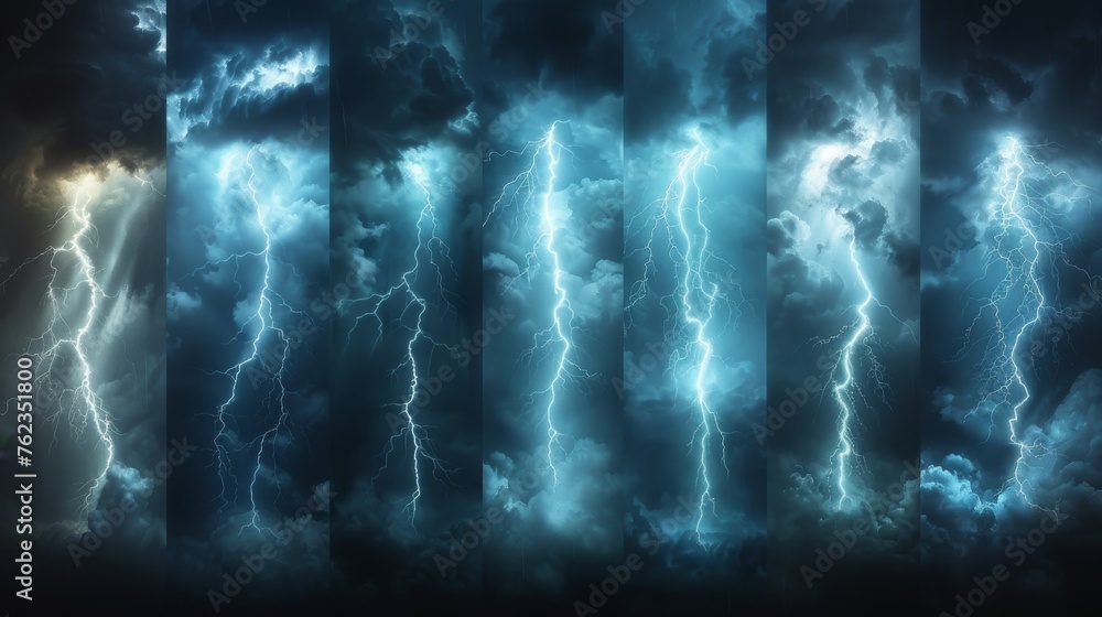 Aufkleber A set of isolated realistic lightnings with transparency for design. Thunderstorms and lightnings. Magical and bright lighting effects.