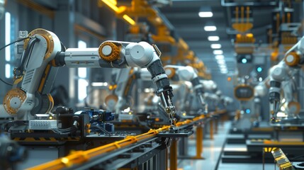 An advanced 3D scene of a robotic manufacturing plant, with autonomous robots assembling high-tech gadgets