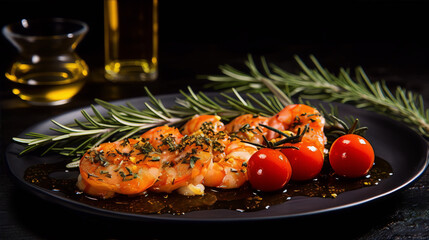 Food photography of grilled jumbo shrimps with rosemary and cherry tomatoes - obrazy, fototapety, plakaty