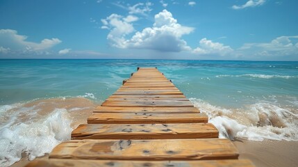 Wooden pier on a tropical beach with turquoise water and blue sky