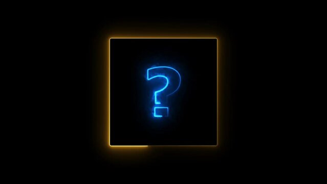 Neon question mark icon blue color animation, On black background.
