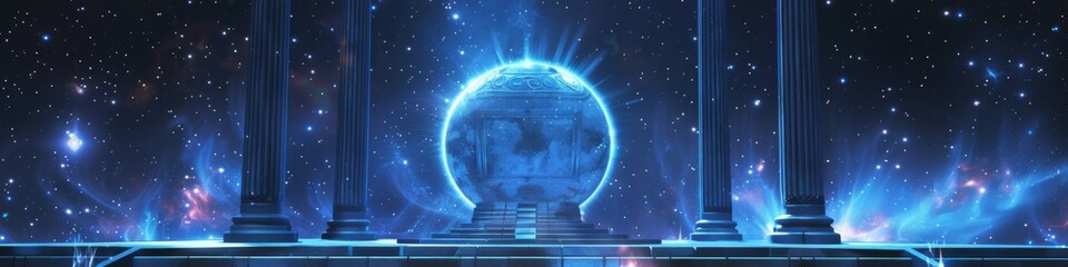 An animated 3D depiction of a time-traveling portal on an ancient space altar, guarded by celestial beings
