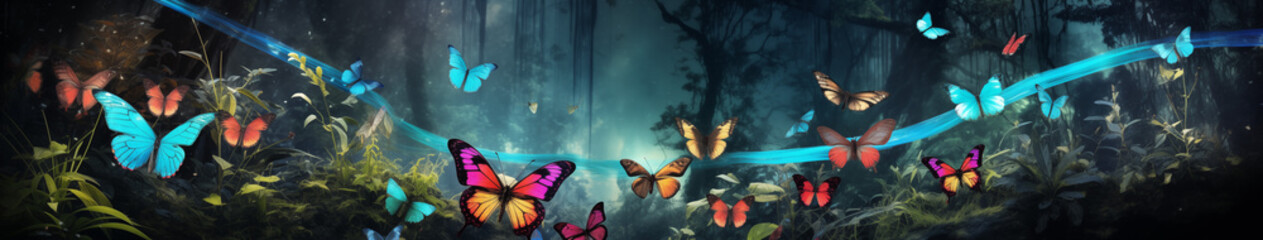 Butterflies Dancing on Light Beams in Magical Forest - obrazy, fototapety, plakaty