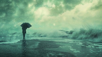 Photorealistic ai artwork of a person with an umbrella in a rainstorm on the beach with waves breaking. Generative ai.