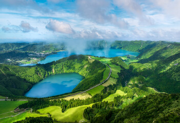 Sete Cidades dual lakes in São Miguel, showcasing the Azores volcanic landscapes and lush natural beauty - 762352097