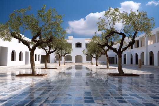 Courtyard with olive trees, blue sky and white walls in minimalist style