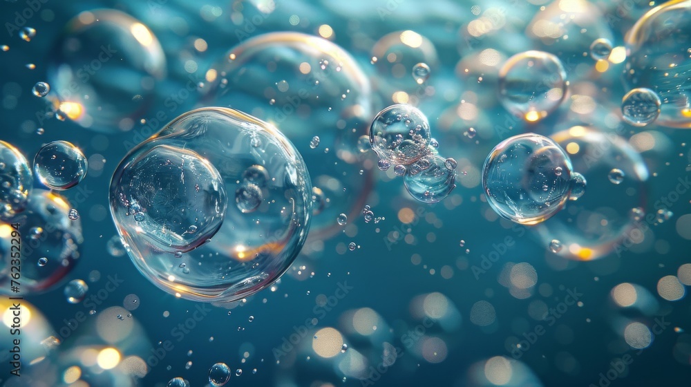 Poster underwater bubble texture isolated on transparent background. modern fizzy air, gas or oxygen bubble