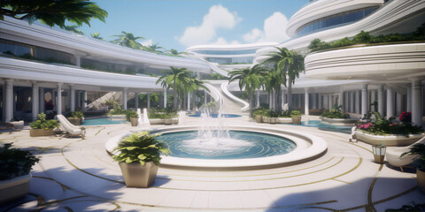 Futuristic courtyard with a fountain, plants, and palm trees in the middle. - obrazy, fototapety, plakaty