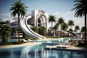 Futuristic waterslide and pool with white architecture and blue water.