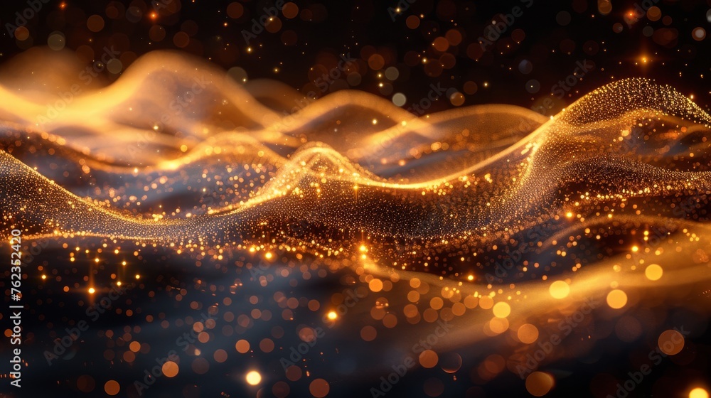 Poster golden dynamic lights line effect isolated on black color background. abstract background for scienc