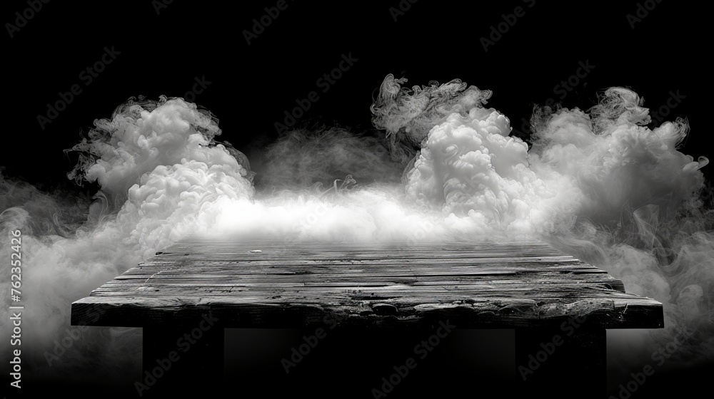 Poster the background is black with smoke on the floor. the text is overlaid with a misty fog effect textur