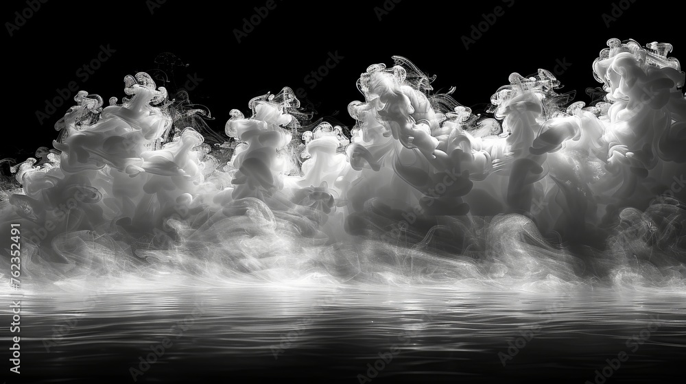 Poster isolated black background with dry ice smoke clouds fog effect.