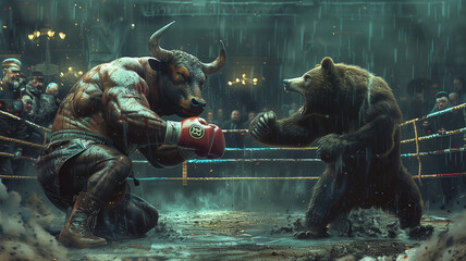 Bull and bear in boxing match. bitcoin concept