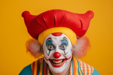 Joyful Clown with Vibrant Red Hair on Yellow isolated background. Circus performer laughs while looking at the camera. April Fools Day