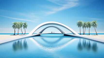 Futuristic bridge over water with palm trees and blue sky
