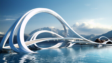 Futuristic bridge over the sea 3D rendering.