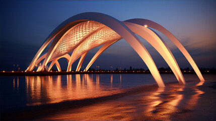 Fototapeta na wymiar Futuristic architecture structure over water at sunset in 3d illustration