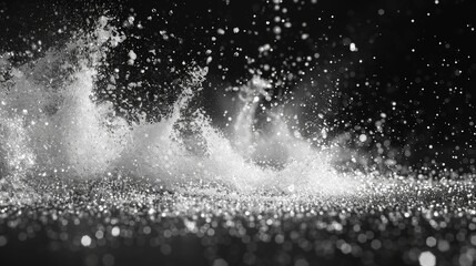 White particles on black background with splashes of rain and snow overlaid