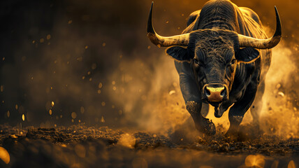 Gold bull with Bitcoin symbol. - obrazy, fototapety, plakaty