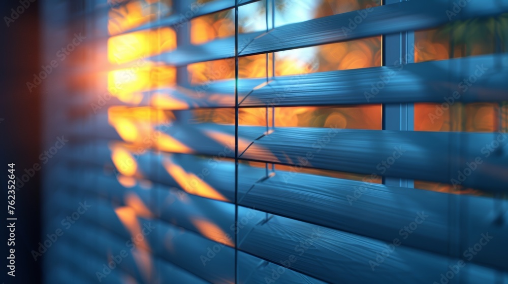Poster Shadow blinds. Sunlight from window. Transparent shade. Isolated background. Window blind. Shadow reflection on wall. Realistic soft shade. Horizontal shading mockup. Modern image.