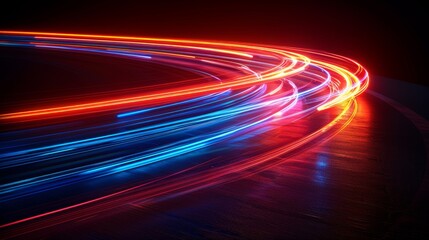 A futuristic abstract flash perspective, glowing road light streaks from long exposure, modern set on transparent background with high speed motion blurred light effects at night in blue and red