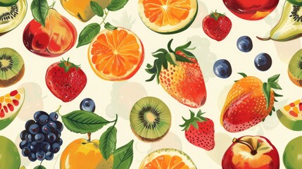 an assortment of beautiful fruits, arranged in a visually pleasing and realistic manner, ideal for textile or wallpaper designs. SEAMLESS PATTERN