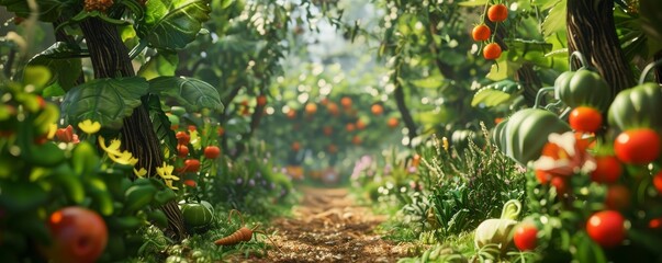 An immersive 3D depiction of a garden where vegetables grow like trees and worms wear tiny hats, greeting passersby - obrazy, fototapety, plakaty