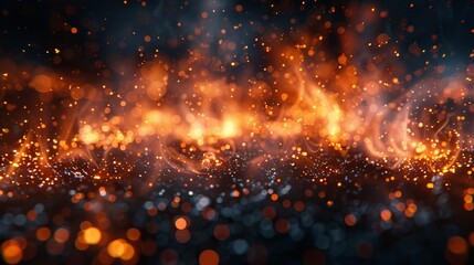 A fire embers particles on a black background. A fire sparks background. Abstract dark glitter fire particles. A bonfire in motion blur. - obrazy, fototapety, plakaty