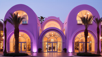 Curved ?? in purple with large glass windows and palm trees outside