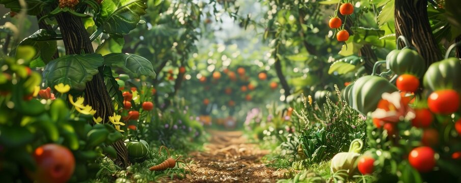 An immersive 3D depiction of a garden where vegetables grow like trees and worms wear tiny hats, greeting passersby