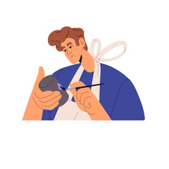 Ceramist holds ceramic pot in hands, decorates handcraft earthenware. Guy painting, draw on clay vase. Man makes handmade clayware. Pottery class. Flat isolated vector illustration on white background