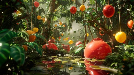 An immersive 3D scene of a balloon-animal jungle, with rubbery trees and vines swaying in a gentle breeze