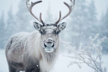 Freezing Reindeer winter forest. Deer animal. Generate Ai