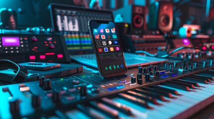 Smartphone in Music Studio Creative Sound Engineering and Publishing App Icons