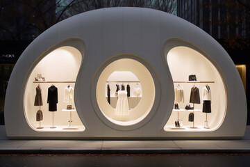 Luxury fashion boutique with futuristic architecture and mannequins displaying elegant clothes.