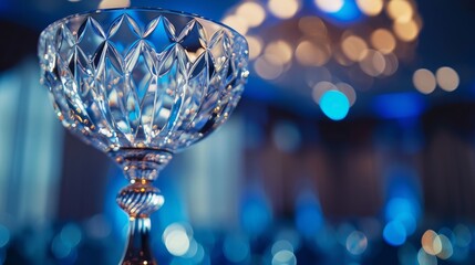 An ornate crystal trophy, symbolizing business excellence, takes center stage at an annual corporate awards ceremony - obrazy, fototapety, plakaty