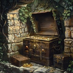 Hidden alcove with an open chest brimming with treasure, a secret bounty
