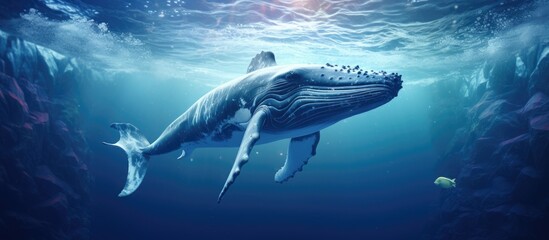 A humpback whale, a type of cartilaginous fish, gracefully swims underwater in the fluid environment of the ocean, alongside other marine biology such as sharks and fish