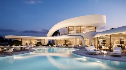 Fototapeta premium Modern, curved mansion with pool and patio. Luxury home design. 